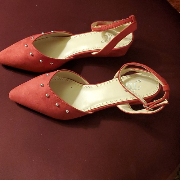 Red Faux Suede Ankle Wrap Wedges - Picture 5 of 11